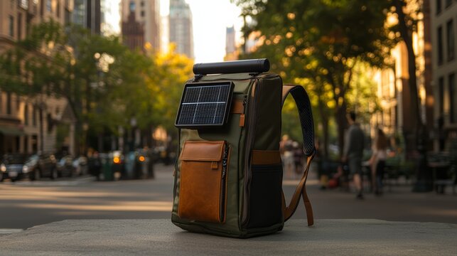 Urban Explorer's Companion: A rugged backpack equipped with a solar panel sits on a city sidewalk, hinting at adventure and sustainable travel amidst urban landscapes.