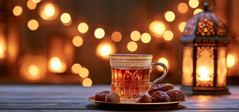 Ramadan tea arrangement with fresh dates, glowing lanterns, and warm lighting creating a peaceful festive ambiance.
