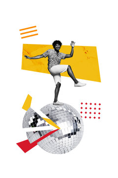 Vertical photo collage of happy mexican man dance disco ball piece celebration club event holiday chill isolated on painted background