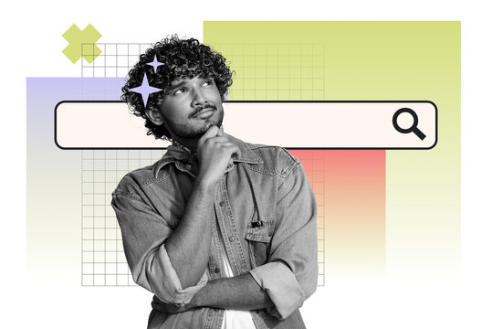 Composite trend artwork sketch image photo collage of young guy stand pensive think mind star hairdo search research webpage find browsing