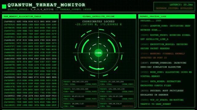 Quantum Threat Monitor Satellite Uplink Hacking Animation.