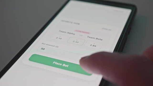 Close-up of hand placing a bet on a sports betting mobile application, ideal for online gambling and mobile finance concepts