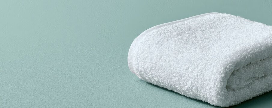 A neatly folded white towel positioned on the muted seafoam background