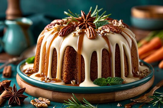 Spiced bundt cake with creamy glaze and pecan topping