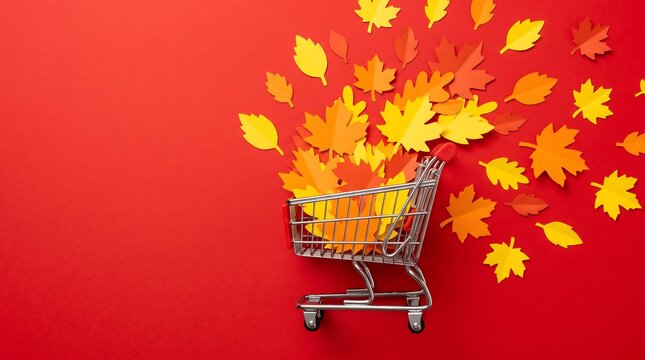 Autumn fall season shopping cart full of dry leaves background with shopping consumerism seasonal commerce promotion discount business marketing background colorful background