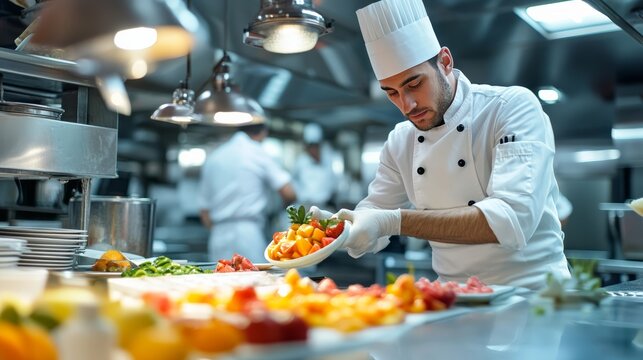 Master Chef's Creation: A skilled chef, dressed in crisp white attire and toque, meticulously plates a vibrant dish, surrounded by a professional kitchen brimming with fresh ingredients.