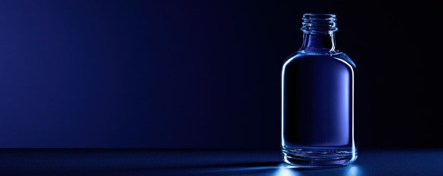 A transparent glass water bottle positioned on the deep indigo background