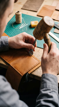 Leather crafter punching a row of stitch holes with a chisel and mallet