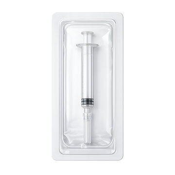 Hypodermic syringe in sterile plastic blister packaging transparent PNG mockup with packaging injection hospital healthcare clinical treatment equipment transparent PNG mockup