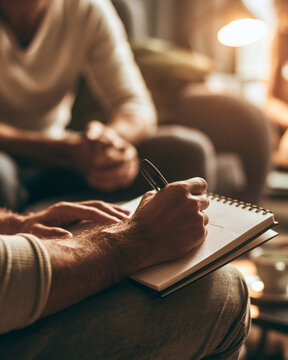 Close Up Of Male Hands Writing Notes In Notebook Indoors With Warm Light