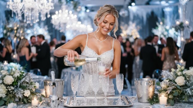 Elegant woman in sparkling dress pouring champagne at a glamorous winter-themed party