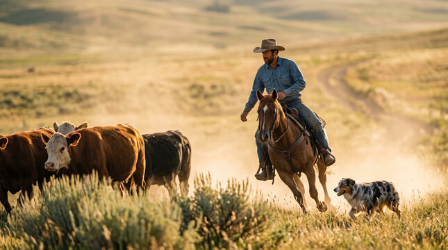 Herding Cattle on Horseback at Sunrise