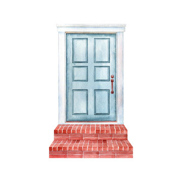 Charming front entrance watercolor illustration isolated on white. The light blue panel door clipart sits within a white frame approached by two red brick steps. Hand drawn vintage facade drawing.