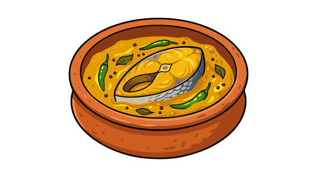 Shorshe ilish mustard hilsa fish curry in clay pot vector illustration