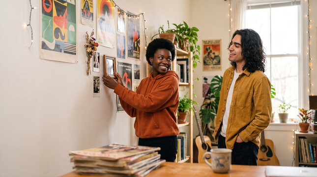 Young couple decorate home with art in afternoon light