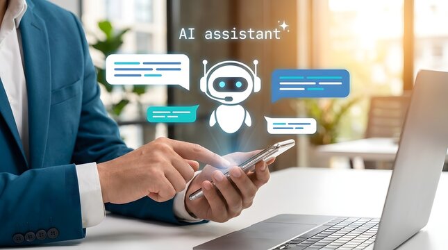 AI assistant interaction with person using smartphone chatbot powered by artificial intelligence, virtual assistant apps, smart support systems, machine learning and digital communication