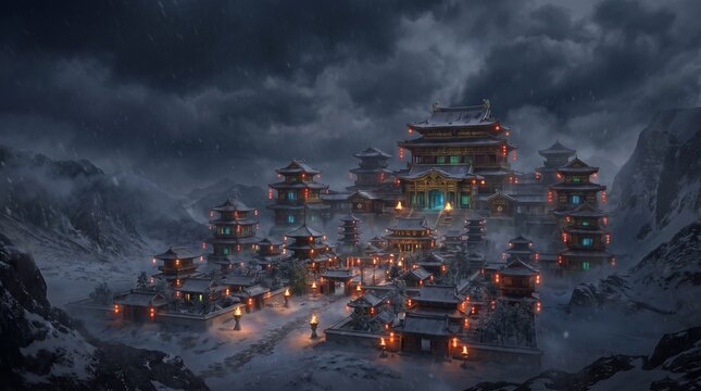 Grand ancient Asian temple city illuminated by warm lanterns and firelight amid snowy mountains under a dramatic winter night sky, creating a majestic, peaceful, and cinematic atmosphere