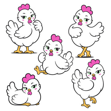 Kawaii Chicken Character Set with Five Cute White Hen Poses, Adorable Cartoon Poultry Vector Collection for Stickers, Kids Design and Nursery Art