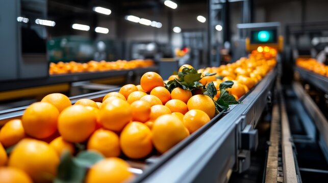 Orange Juice Production Line: Freshly harvested oranges are sorted and transported on a conveyor belt in a modern food processing facility, ready for juice extraction.