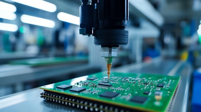 Automated Circuit Board Assembly: A robotic arm precisely places a component onto a green printed circuit board (PCB) on a production line, showcasing modern automated manufacturing technology.