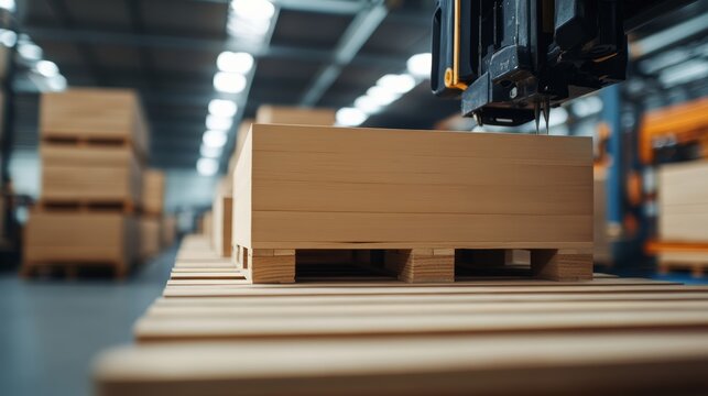Automated Logistics in Warehouse: A robotic arm is precisely placing a wooden box onto a pallet in a brightly lit, modern warehouse filled with stacked goods.