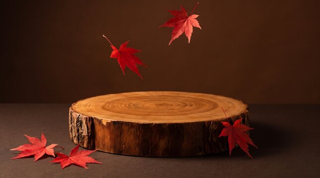 Autumn fall season maple leaves falling on wooden display platform background with platform presentation background cosmetic advertising marketing template commercial botanical background
