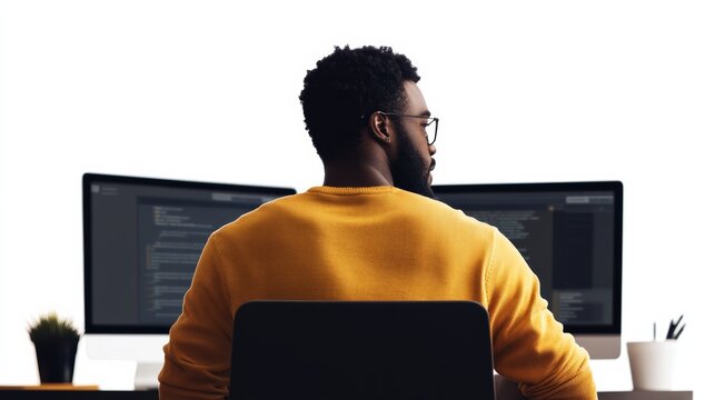 Programmer's Focus: A black man wearing a yellow sweater with glasses sits in front of two computer monitors displaying code, engrossed in his work.