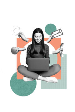 Composite trend artwork sketch image photo collage of&nbsp;multitasking young woman sit work laptop hand hold landline phone email gear coin