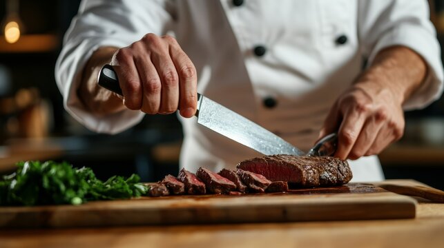 Chef slicing steak: A chef in a white uniform expertly slices a perfectly cooked steak on a wooden cutting board, with fresh greens on the side, in a professional kitchen.