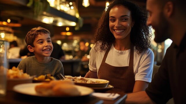 Dining Delight: A warm and inviting scene unfolds as a server proudly presents a meal to a happy family at a cozy restaurant, with laughter and enjoyment filling the air.