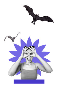 Trend artwork creative sketch 3D photo collage of halloween holiday fall season young lady grimace face funny bat animal fly outdoors night