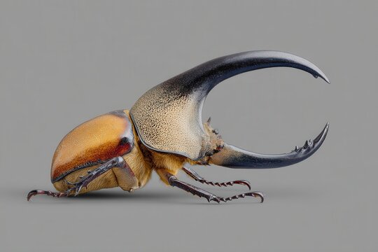 A striking Hercules beetle with its impressive formidable horn and vibrant golden-orange carapace is showcased against a muted gray backdrop, highlighting its unique biological structure.