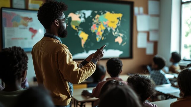 Global Education Unfolding: A dedicated teacher guides young learners through a vibrant world map displayed on a large screen.