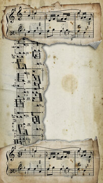 Torn sheet music with handwritten musical notes and staff lines.