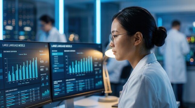 Performance metrics of large language models displayed on dual monitor benchmark comparison charts being reviewed by an AI researcher in a lab