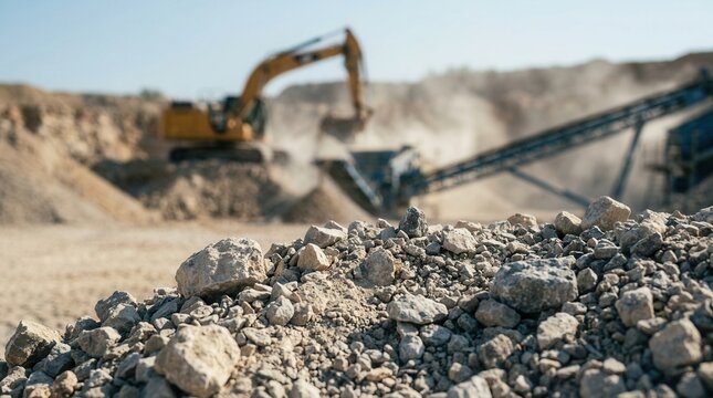 A quarry scene with a vibrating screen and heavy machinery sorting rocks and dust for mineral separation and processing