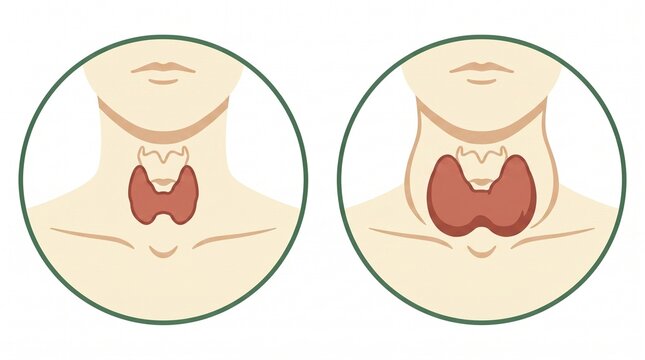 Thyroid gland anatomy comparison, healthy versus enlarged thyroid goiter medical illustration, endocrine system health diagram