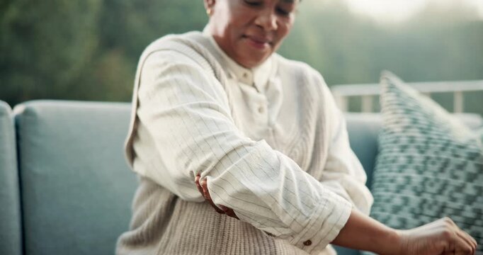 Black woman, discomfort and retirement with elbow pain, inflammation and symptoms for arthritis. Senior person, stretching and injury at house with muscle burnout, rheumatic disease and osteoporosis