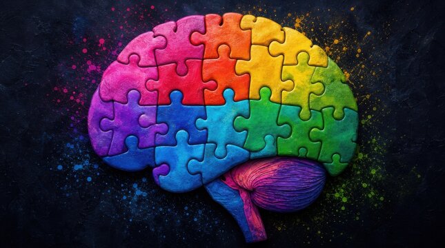 Colorful brain-shaped jigsaw puzzle pieces forming a rainbow gradient on a dark textured background with splattered paint.