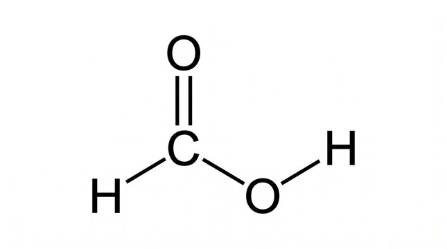 Structural chemical formula diagram of a formic acid molecule featuring a carbon atom double bonded to oxygen and a hydroxyl group on a white background