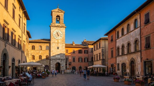 Charming medieval Italian square in Bolsena featuring an ancient clock tower and historic stone architecture during sunset