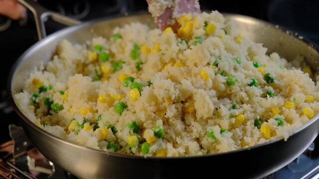 A person stirs a mixture of rice, peas, and corn in a metal skillet on a stovetop in a kitchen at Cooking.