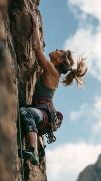A woman rock climber on a cliff creates a dynamic and adventurous visual ideal for outdoor lifestyle, extreme sports, and athletic branding.