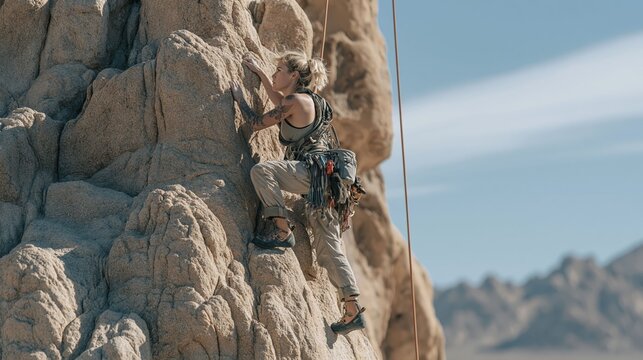 A woman rock climber on a cliff creates a dynamic and adventurous visual ideal for outdoor lifestyle, extreme sports, and athletic branding.