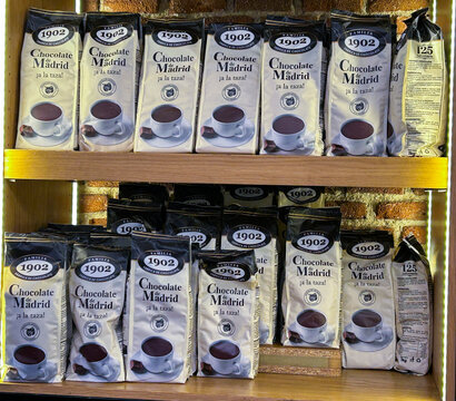 Packages of hot chocolate from the Familia 1902 brand Chocolate Madrid. Spain.