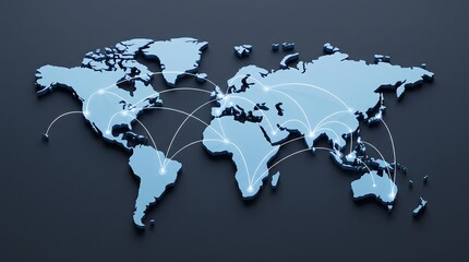 Fototapeta premium Three-dimensional illustration of blue world map with glowing nodes and connecting lines representing international logistics and global communication network data flow infrastructure