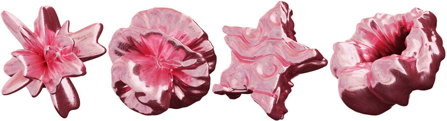 Obraz premium A collection of glossy pink abstract shapes is isolated on a clear background. The shapes are varied in form and design, showcasing a three-dimensional style