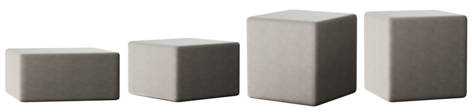 A set of cube podiums is arranged for showcasing products. The podiums vary in size and are placed on a clear background. This setup is suitable for presentations