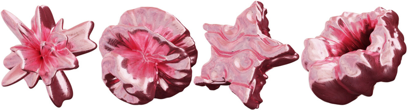 A collection of glossy pink abstract shapes is isolated on a clear background. The shapes are varied in form and design, showcasing a three-dimensional style