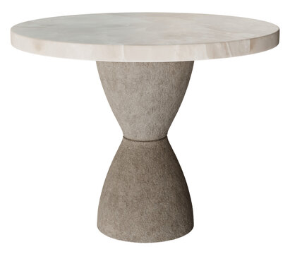 A table with a round top and a cut-out base. The table stands alone against a clear background. It highlights the unique structure and style of the furniture piece